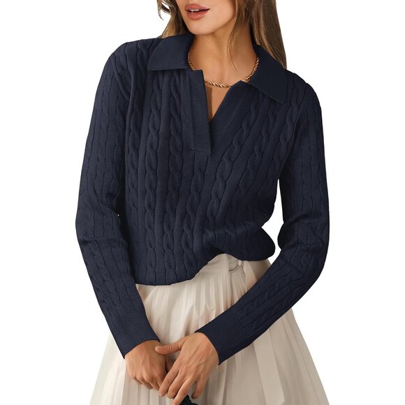 Women´s Navy Blue Cable Knit Sweater - Long Sleeve...
